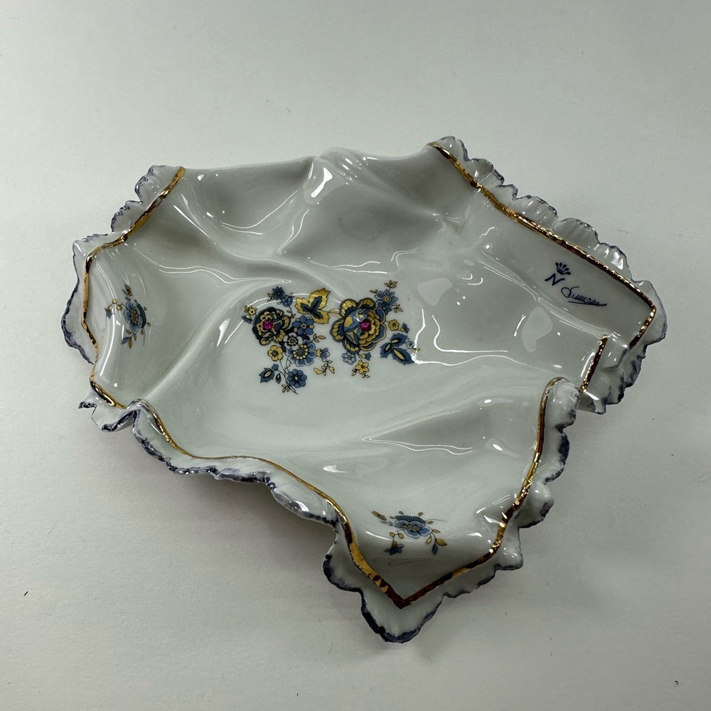 Vintage Capodimonte Porcelain Handkerchief Decorative Plate Golden White Floral